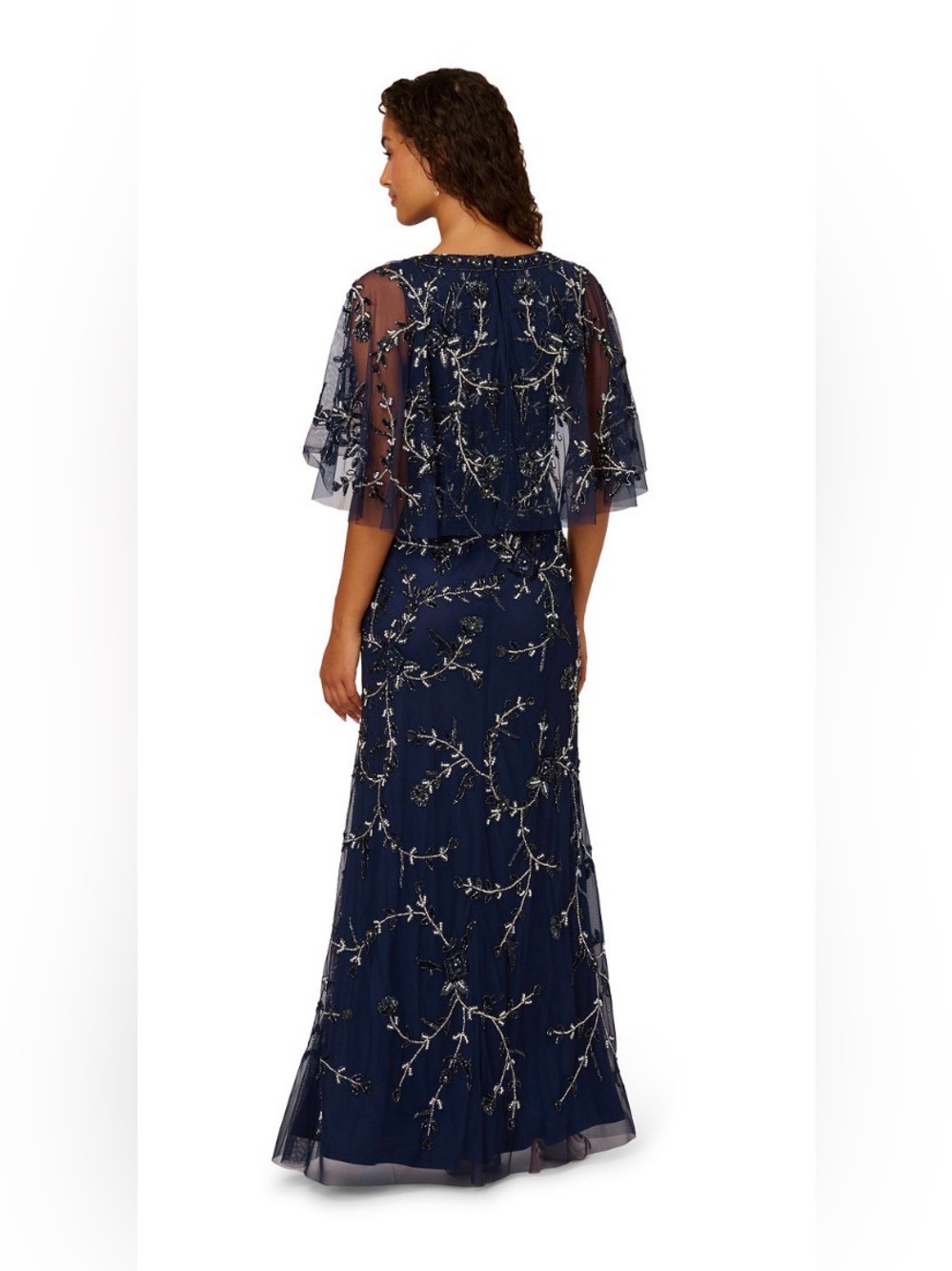 ADRIANNA PAPELL Navy Blue Beaded Mesh Blouson Column Gown. Size 8. NWT. - Picture 7 of 7